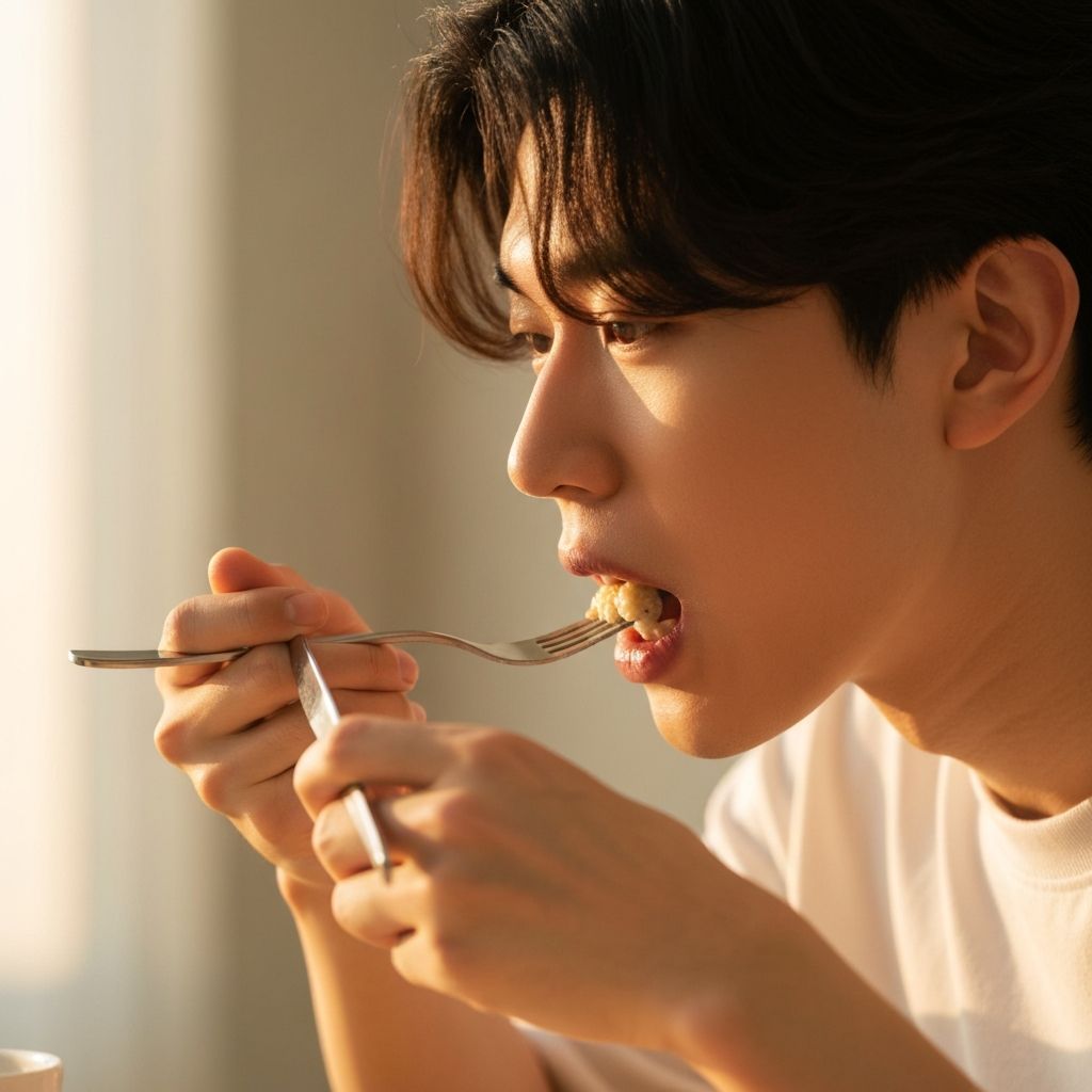 Close-up of deliberate eating pace with utensils