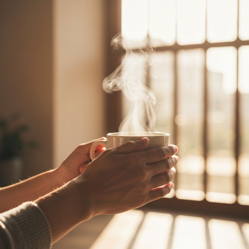 Hands holding a warm cup in peaceful morning light